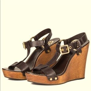 Tory Burch brown leather wooden wedge sandals Sz 7